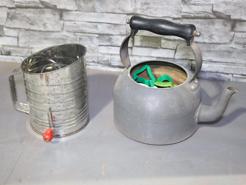 Cookbooks, Bromwell's sifter, metal and plastic cookie cutters, and more