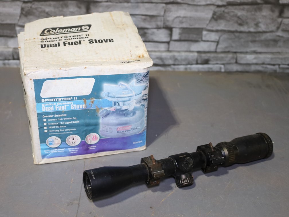 Centerpoint scope and Coleman Sportster II single burner dual fuel stove