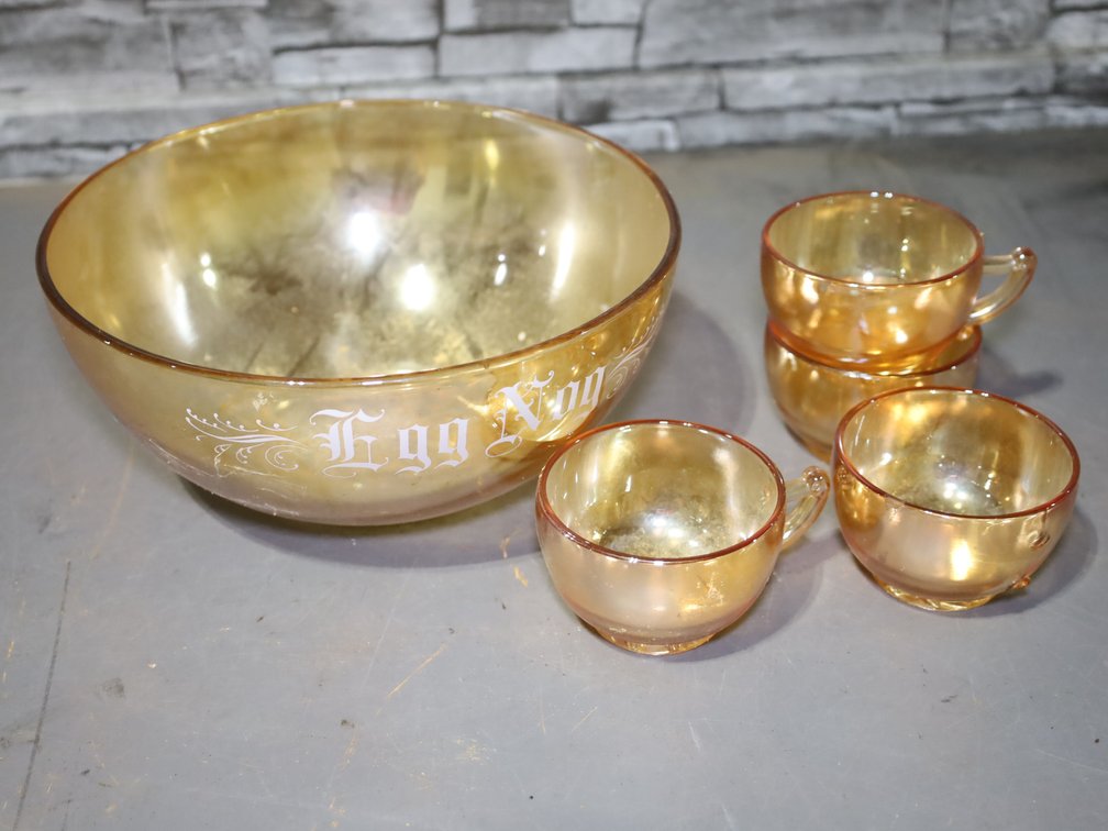 "Egg Nog" amber glass bowl and 4 cups