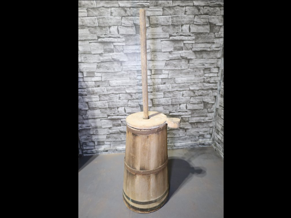 Antique wooden churn with dasher; handcrafted mallet, and more