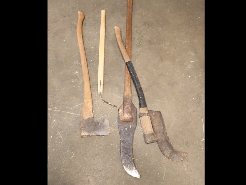 3 brushhooks, axe