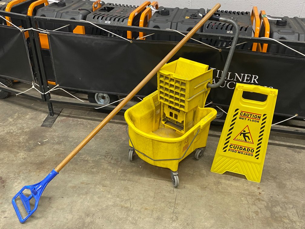 Rolling Janitorial Bucket w/ Mop Handle & Wet Floor Sign