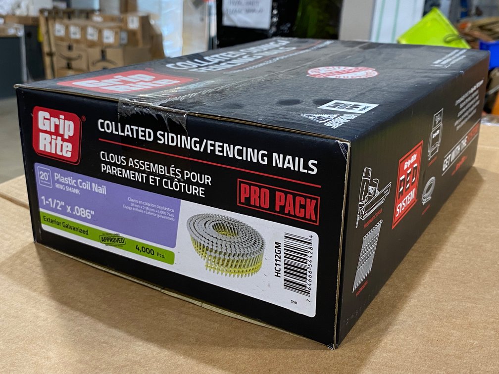 {case} Grip Rite 1 1/2" x .086" Plastic Coil Collated Siding/Fencing Nail, 20 Gauge (4000 Per Case)