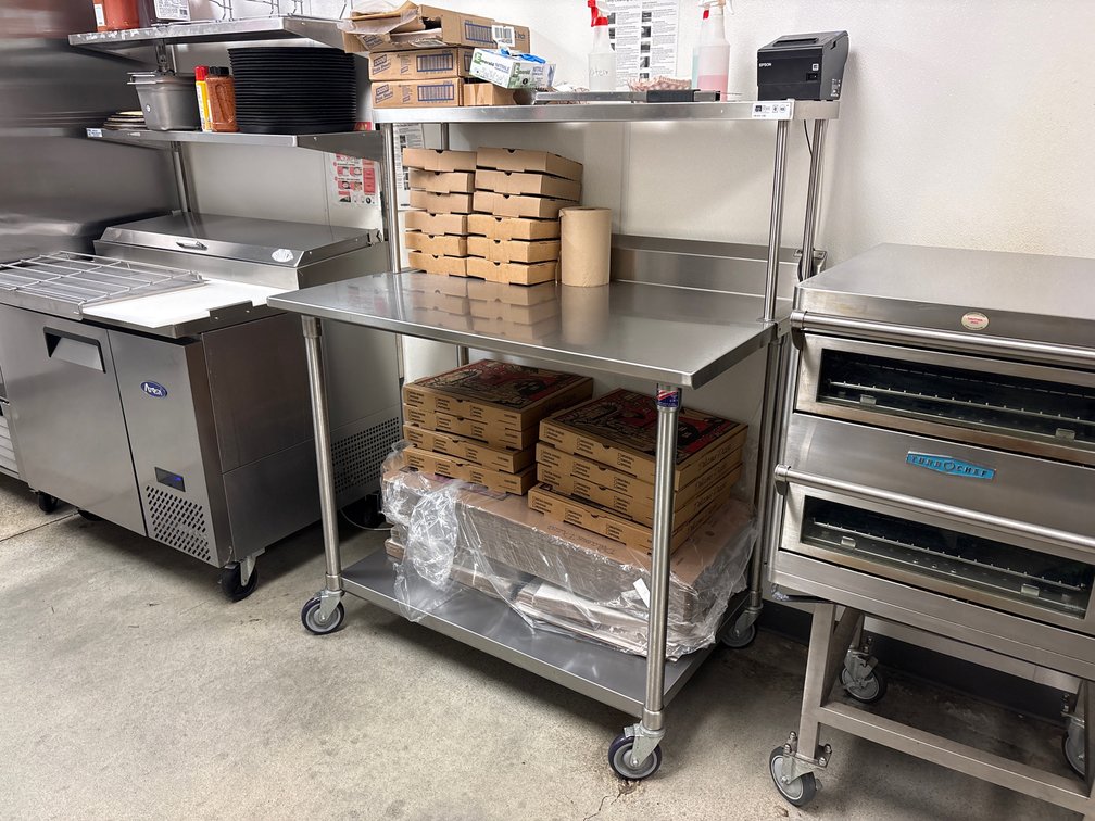 Boos S/S Prep Table w/ Overhead Shelf on Casters