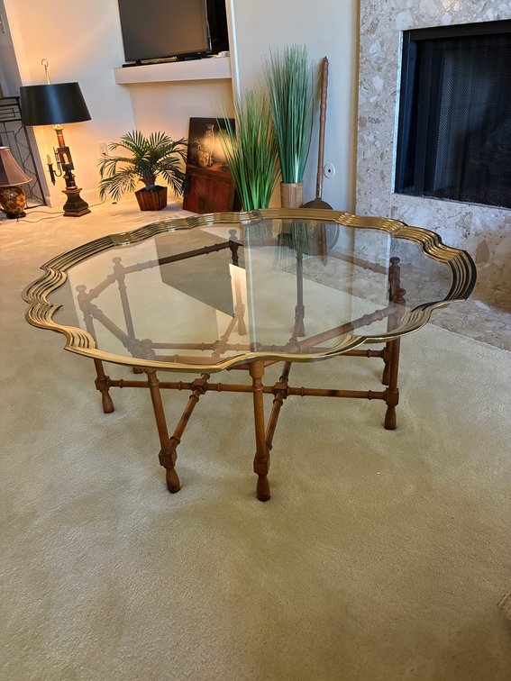 Wood Coffee Table with Glass Top and Gold Trim