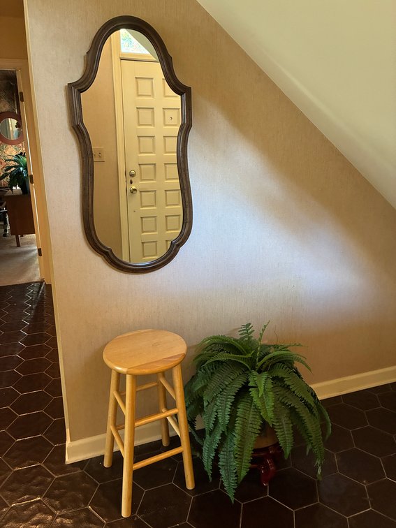 Wall Mirror, Wood Stool, Artificial Fern