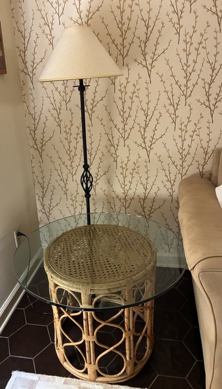 Bamboo/Rattan Side Table with Glass Top, Black Metal Floor Lamp
