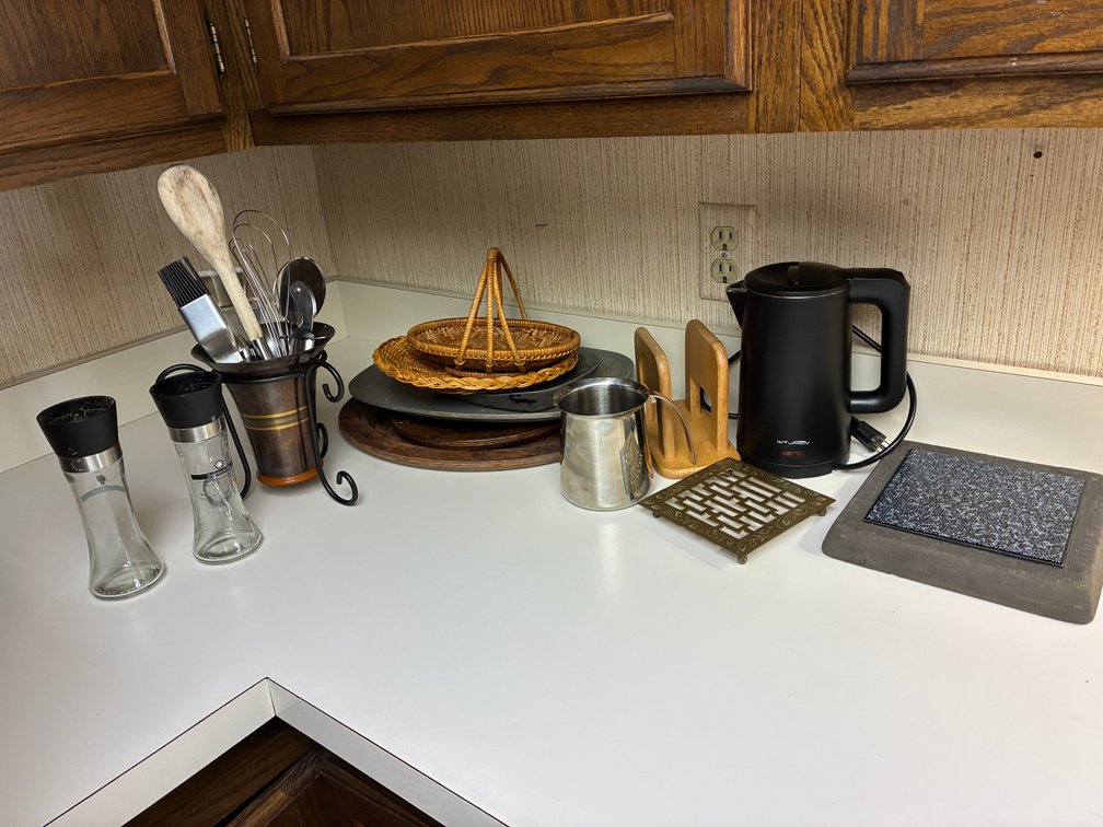 Electric Kettle, Salt & Pepper Grinders, Utensil Holder with Utensils