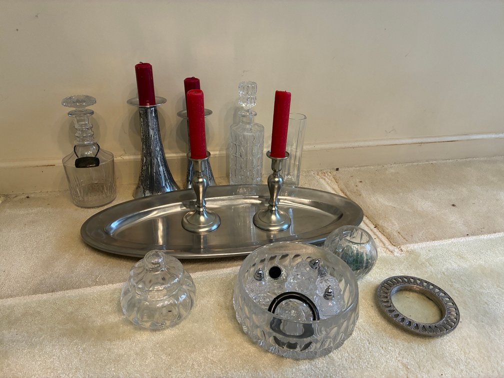 Platter, Candle Holders, Decanters, Vase, Bowls