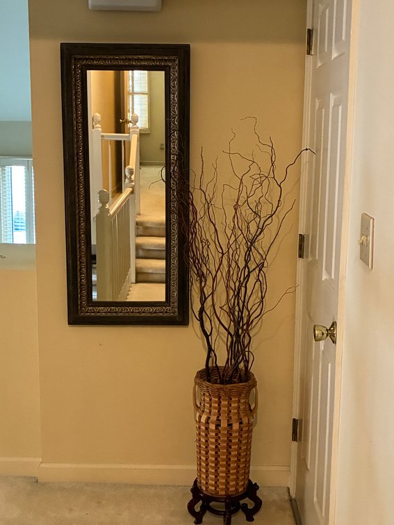 Wood Framed Mirror, Artificial Branches, Plant Stand