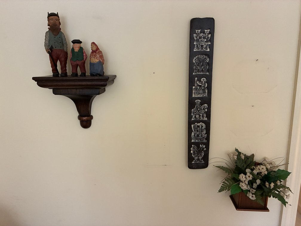 Shelf with Wood Carved Figurines, Wood Plaque