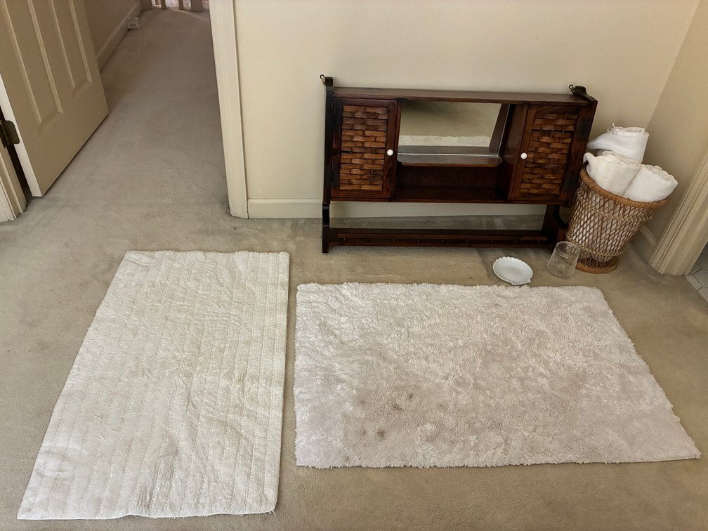 Wall Cabinet, Basket with Towels, Rugs