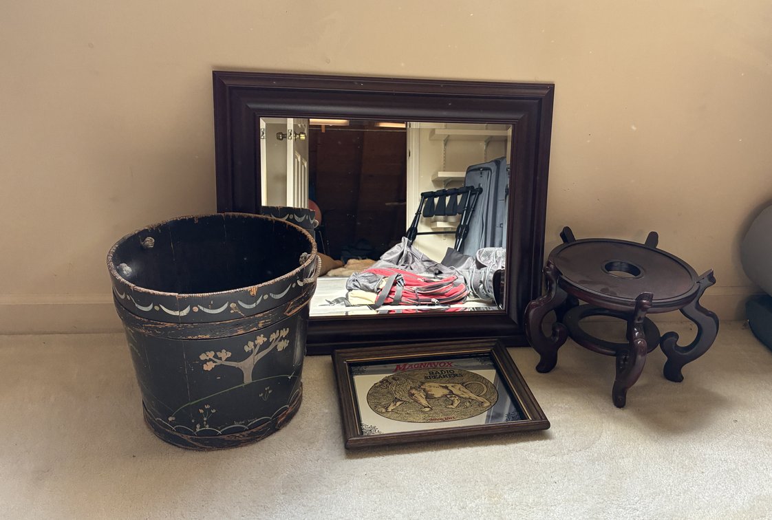 Mirror, Wood Bucket, Plant Stand, Magnavox Mirror
