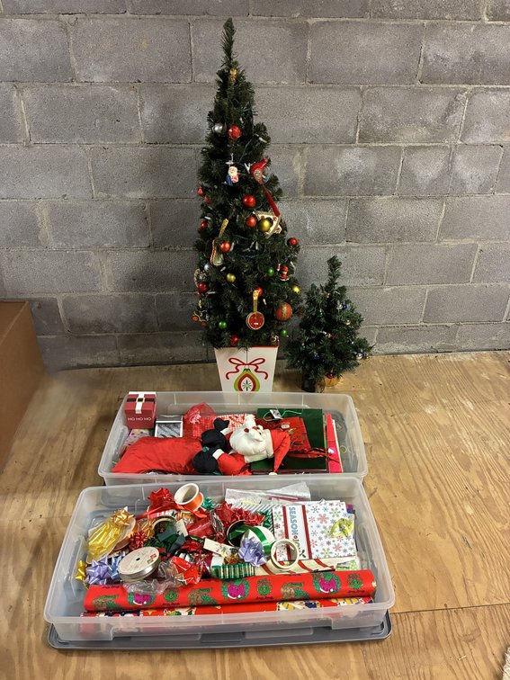 Christmas Trees, Ornaments, Wrapping Supplies