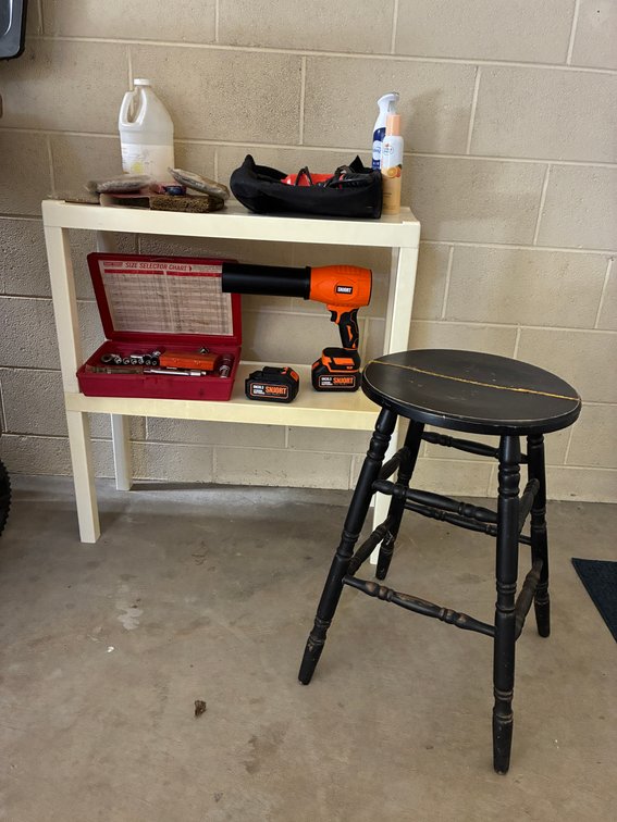 Shelving with Contents, Wood Stool