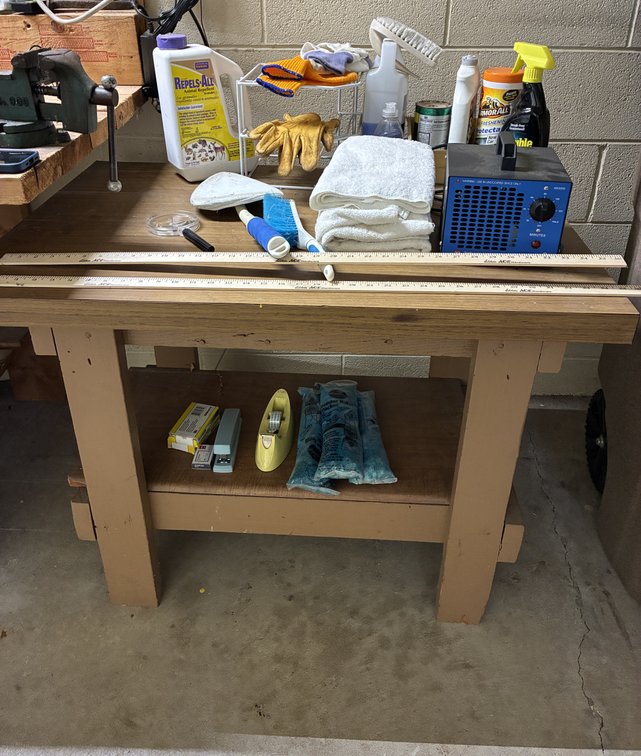 Wood Work Table with Contents