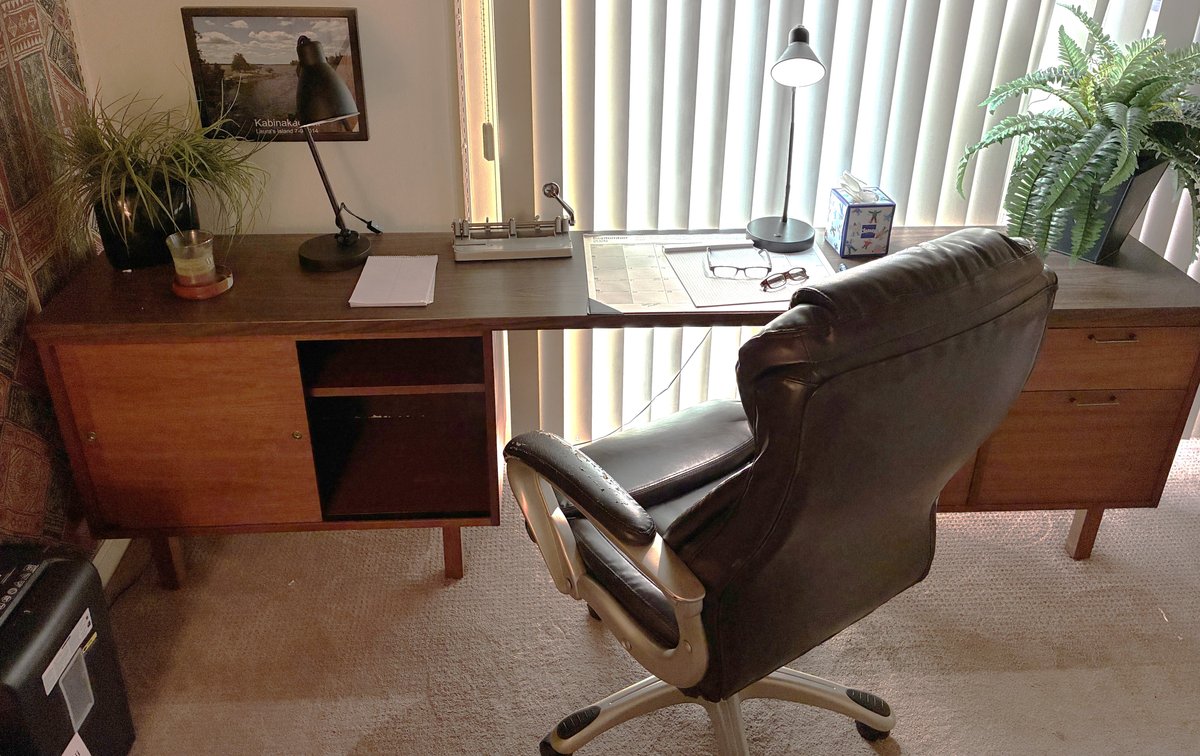 Wood Desk with Contents, Swivel Office Chair