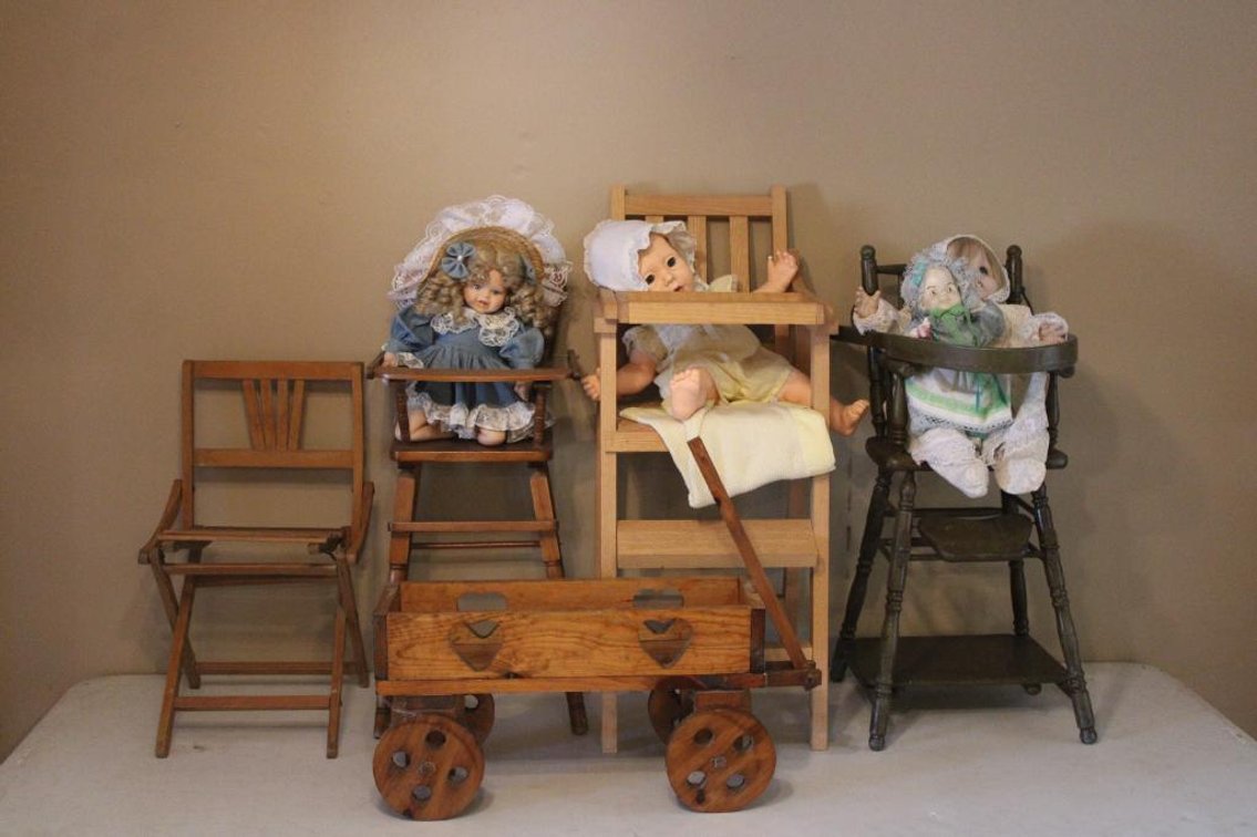 VINTAGE HIGH CHAIRS, DOLLS, ETC