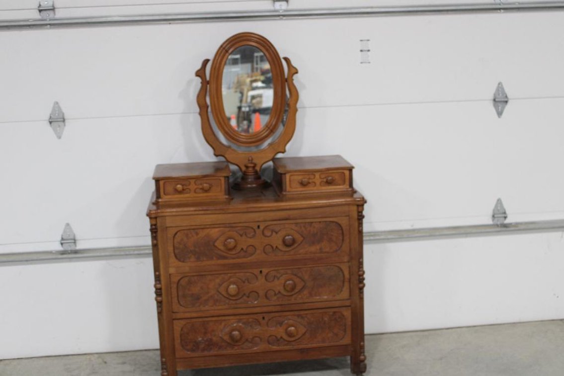 ANTIQUE VANITY DRESSER W/ MIRROR