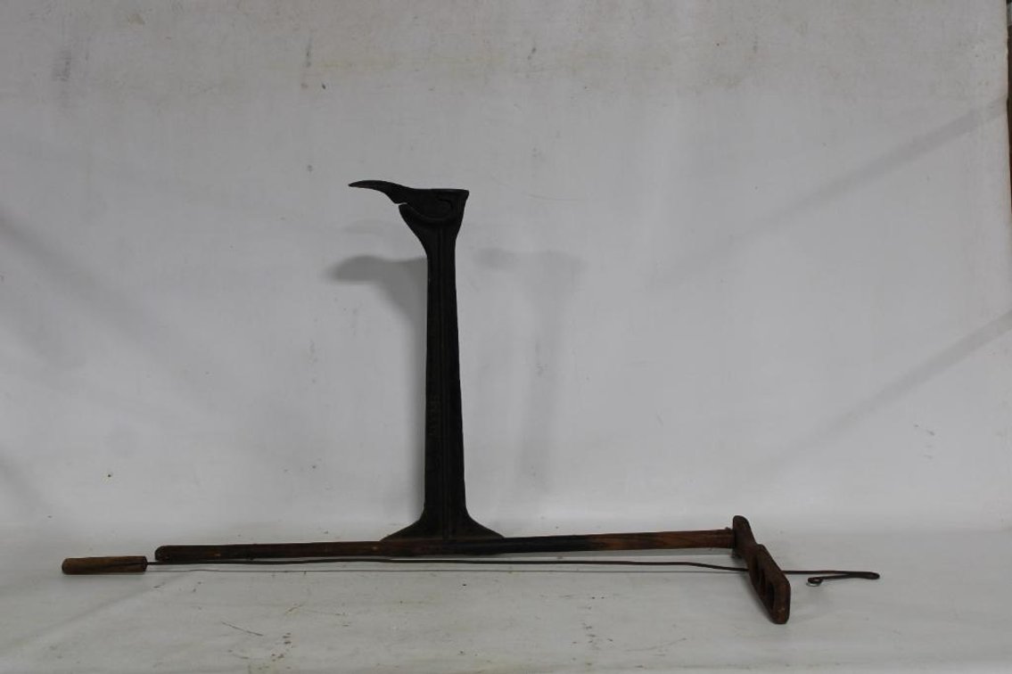 VINTAGE POULTRY HOOK, SHOE STRETCHER, AND CHURN STICK