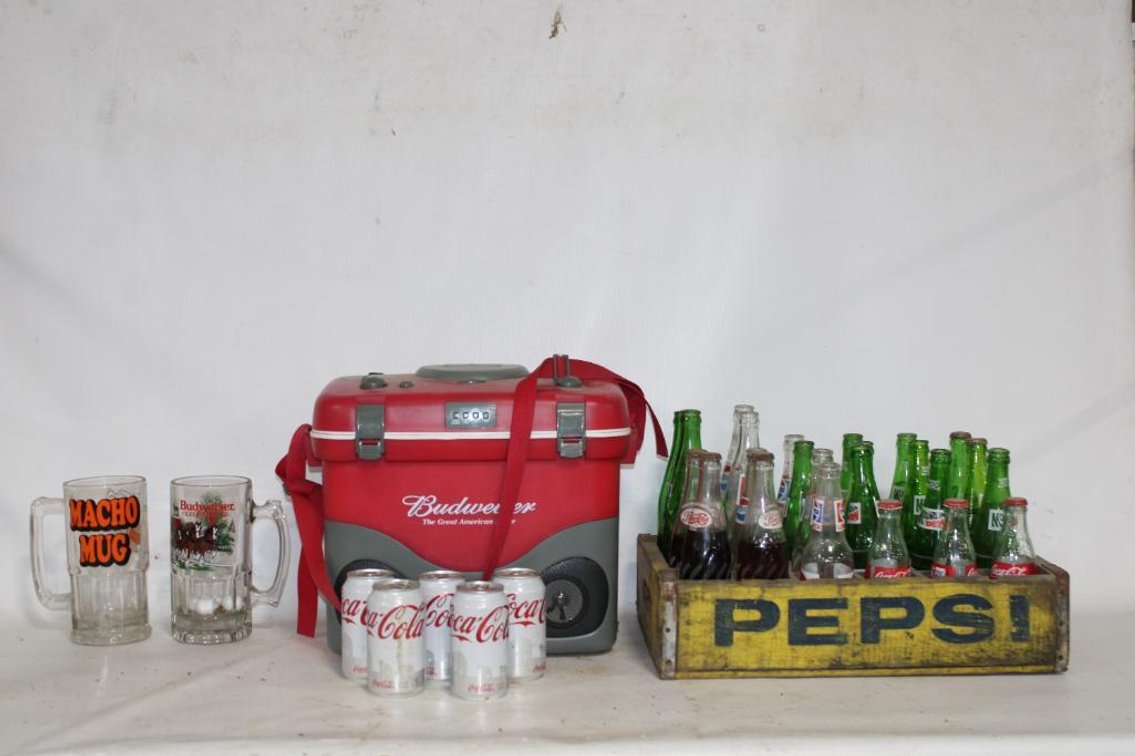 VINTAGE PEPSI CRATE, BOTTLES, COOLER, ETC