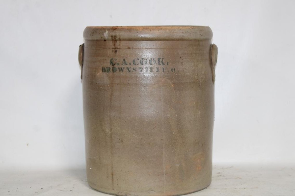 C.A. COOK. BROWNSVILLE SALT GLAZED CROCK W/ HANDLES 