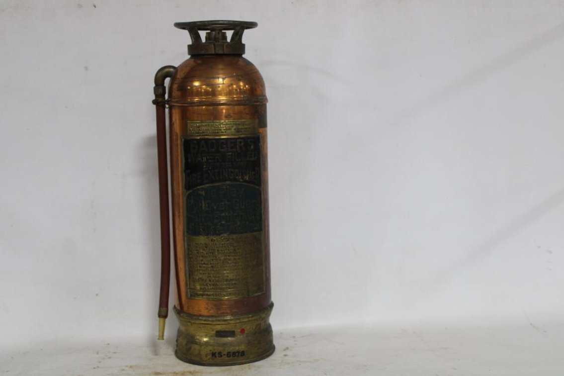 VINTAGE COPPER AND BRASS BADGERS FIRE EXTINGUISHER