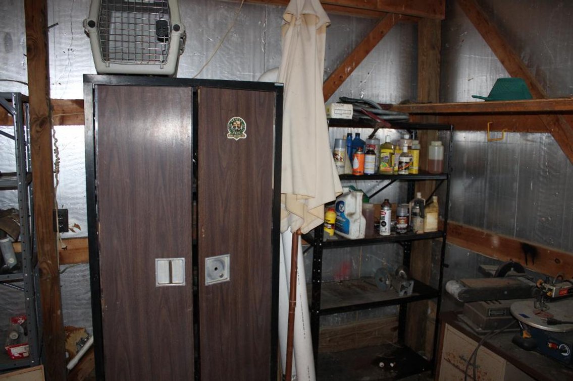STORAGE SHELF, CABINET, AND CONTENTS