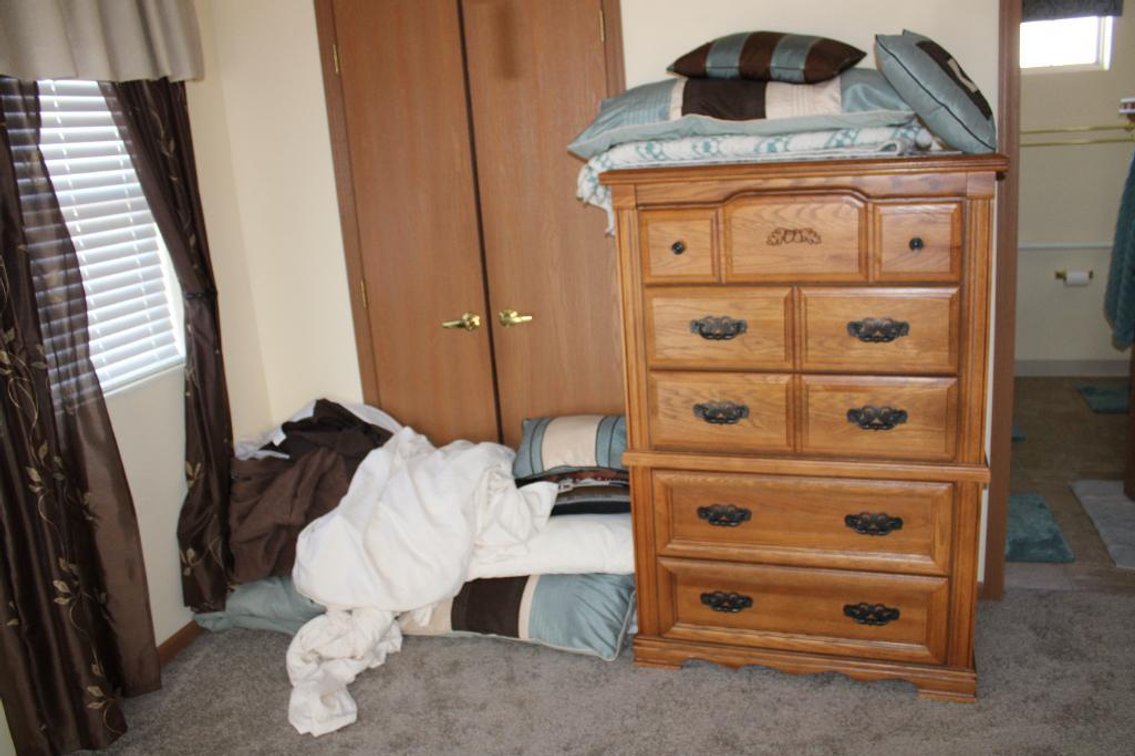OAK DRESSER, MATTRESS, LINENS