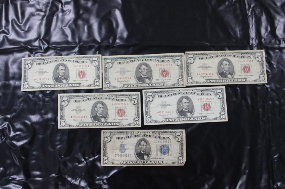 RED AND BLUE SEAL 5 DOLLAR BILLS