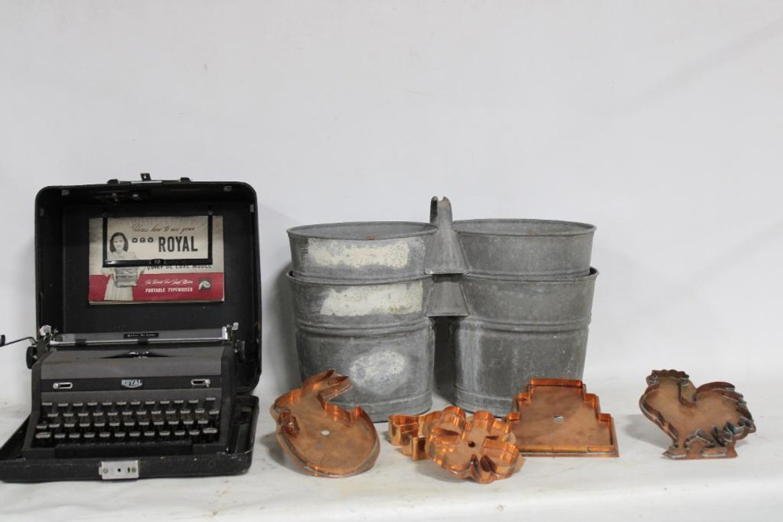 ROYAL TYPEWRITER, COPPER DECOR, GALVANIZED BUCKETS