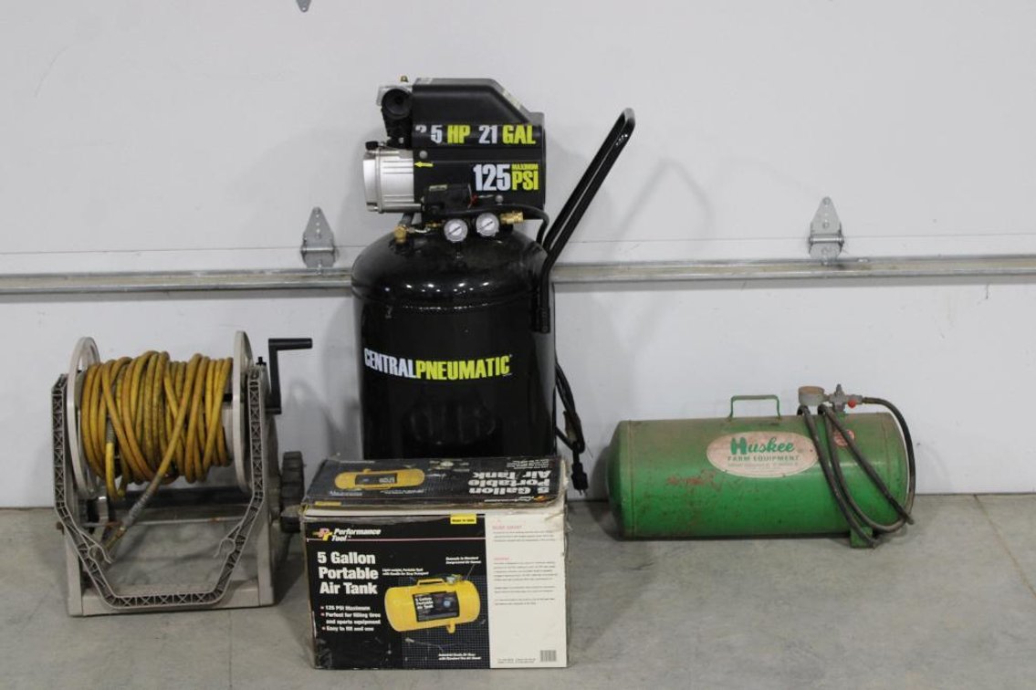 GENERAL PNNEUMATIC AIR COMPRESSOR, AIR TANKS, HOSE