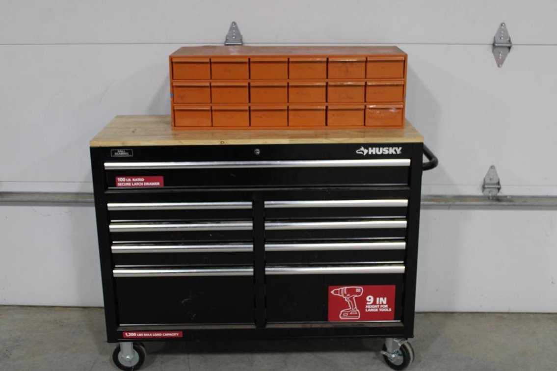 HUSKY TOOL BOX W/ TOOLS AND BOLT BIN