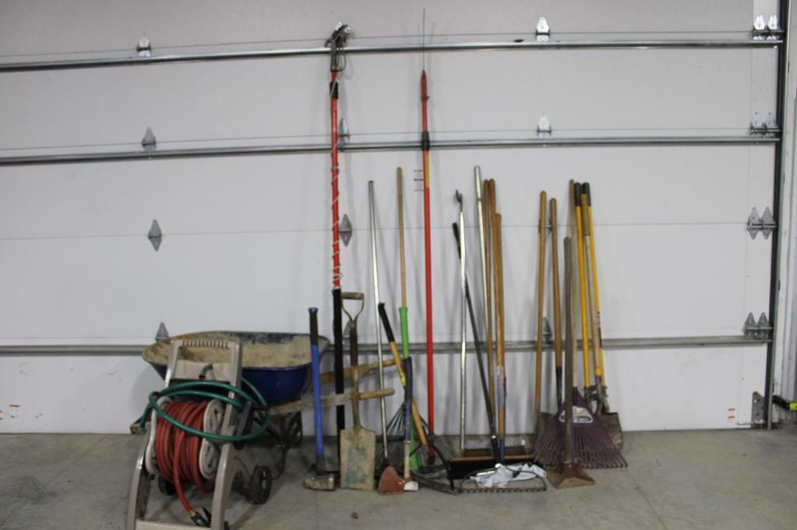 WHEEL BARROW, HOSE REEL, AND LONG HANDLES