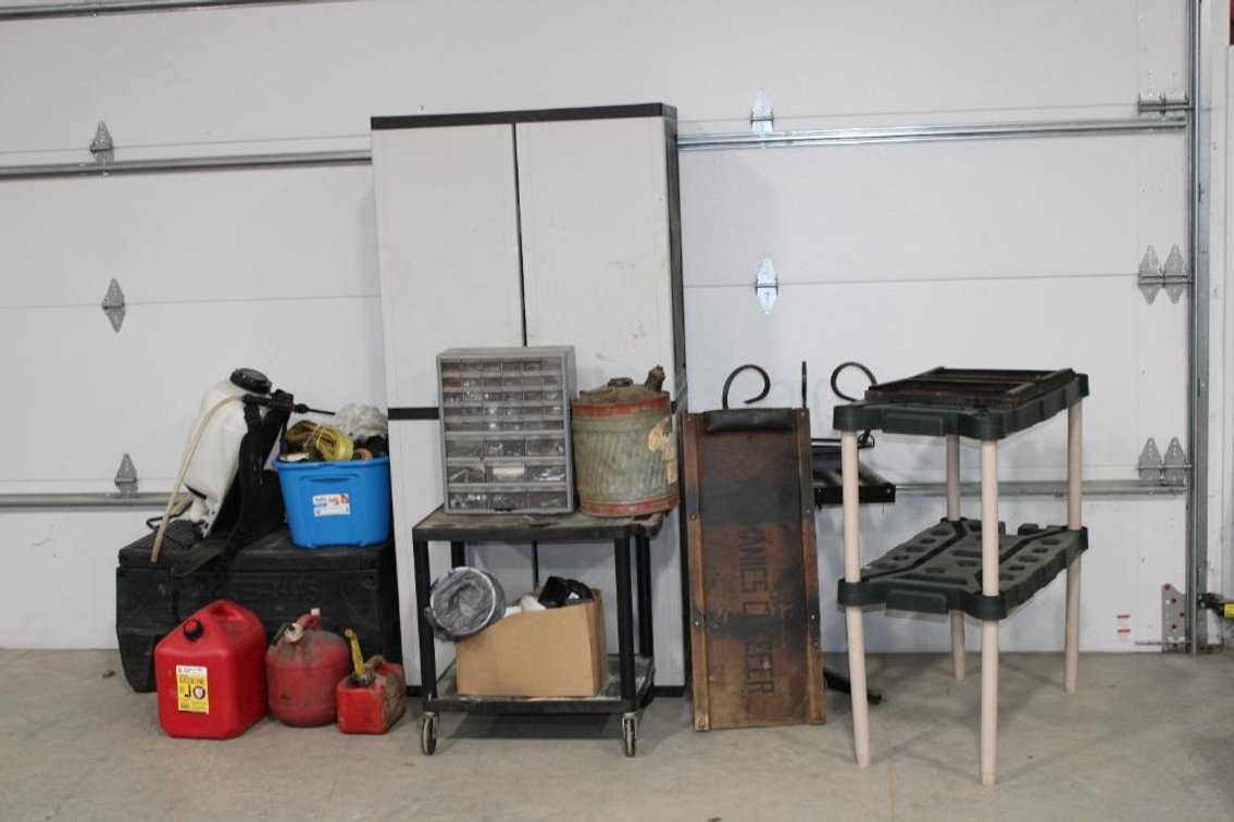 CABINET, CHAIN, STRAPS, ROLLING CART, ETC