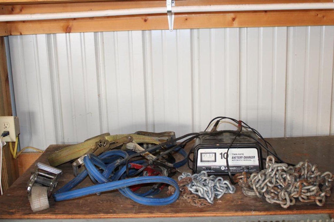 BATTERY CHARGER, JUMPER CABLES, CHAIN, STRAP