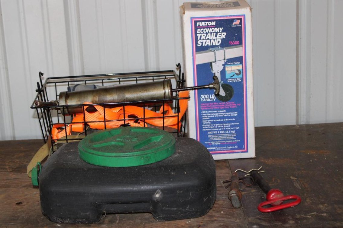 GREASE GUN, HITCH PINS, OIL CATCH PAN, ETC