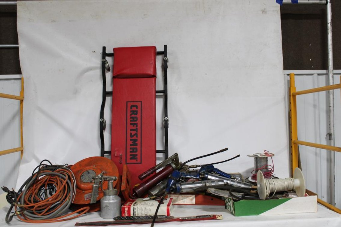 CREEPER, HOSE REEL, GREASE GUNS, ETC