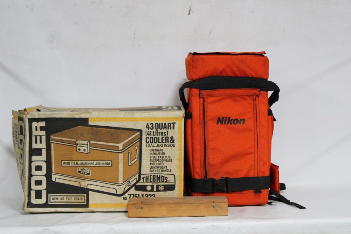 NIKON CAMERA BAG AND THERMOS COOLER