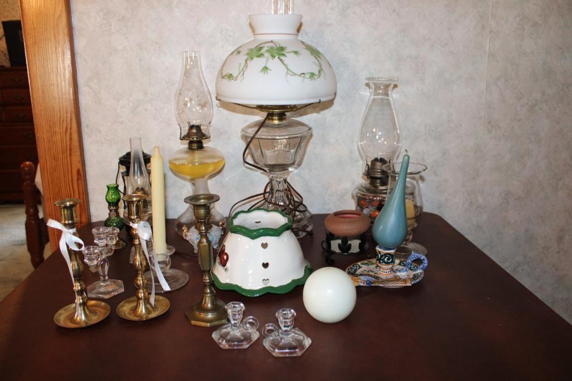 OIL LAMPS, CANDLE STANDS, ETC