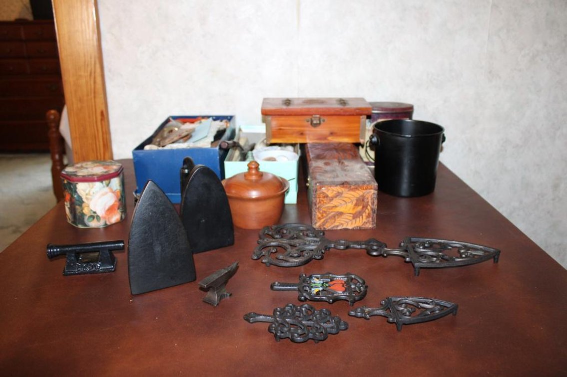 VINTAGE CAST IRON SAD IRONS, STANDS, CURLING IRON, ETC