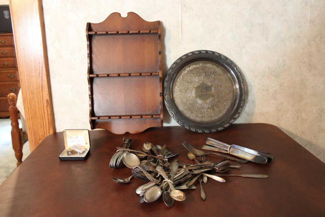  PLATED FLATWARE, DISPLAY CASE, STERLING BELT BUCKLE