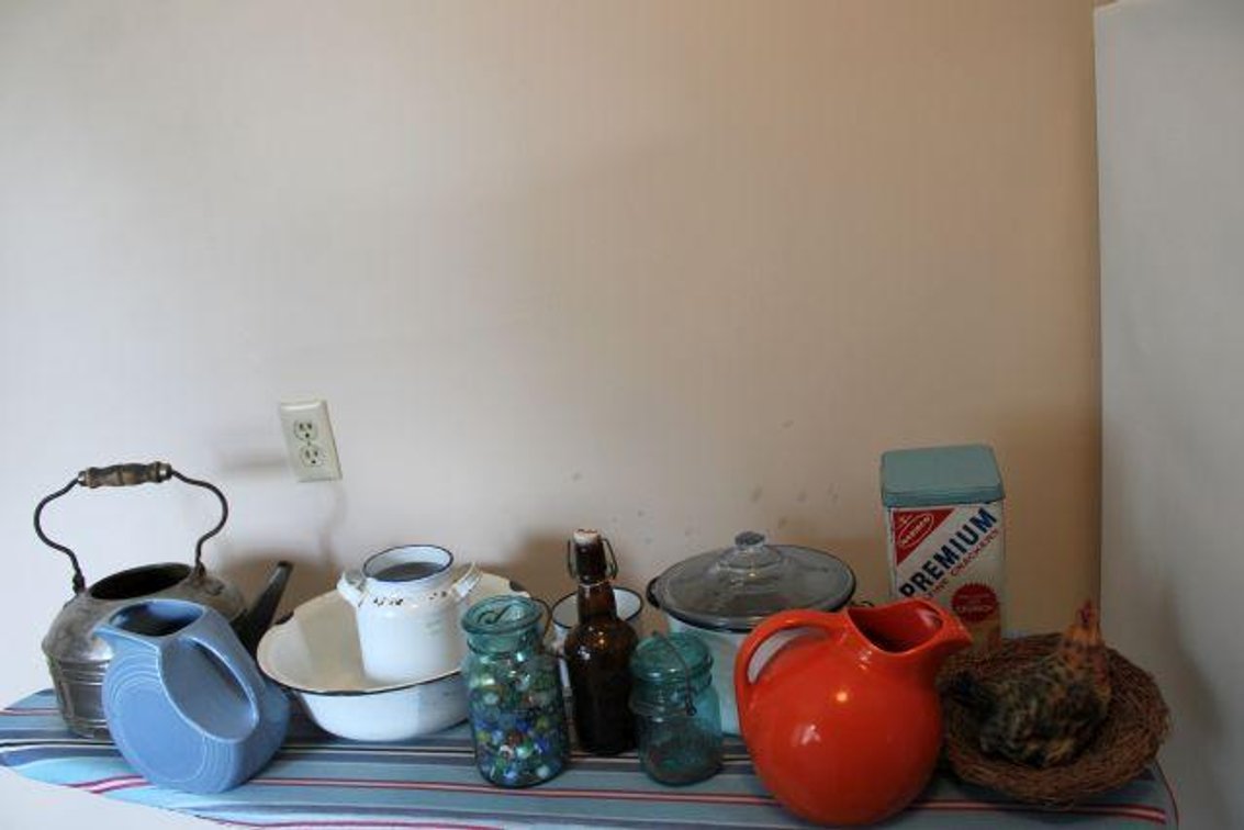 ENAMEL, GLASSWARE, MARBLES, TEA KETTLE, ETC