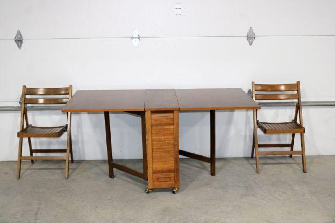 DROP LEAF TABLE W/ FOLDING CHAIR STORAGE