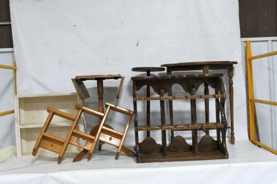 KNICK KNACK SHELVES, DROP LEAF END TABLE, ETC