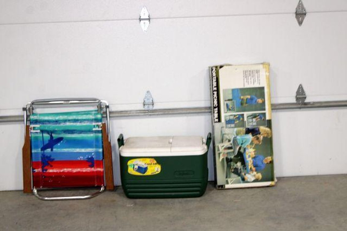 PORTABLE PICNIC TABLE, COOLER, BEACH CHAIR