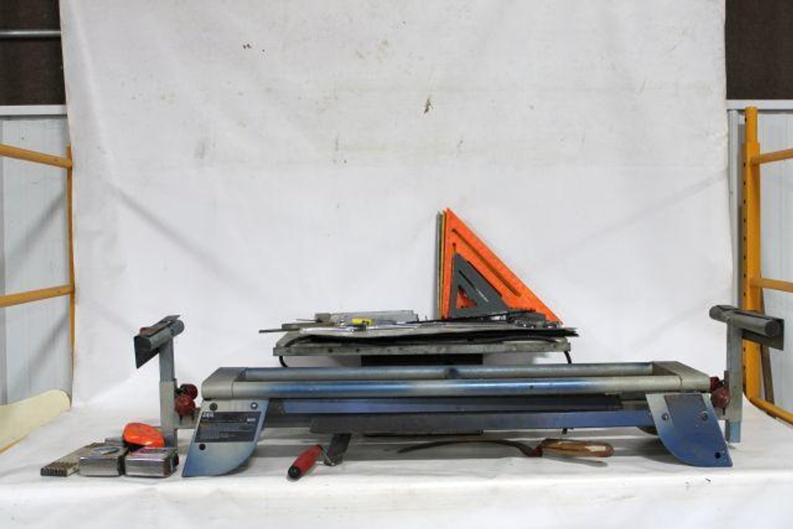 SEARS TILE SAW, SAW STAND, TAPE MEASURES, SQUARES