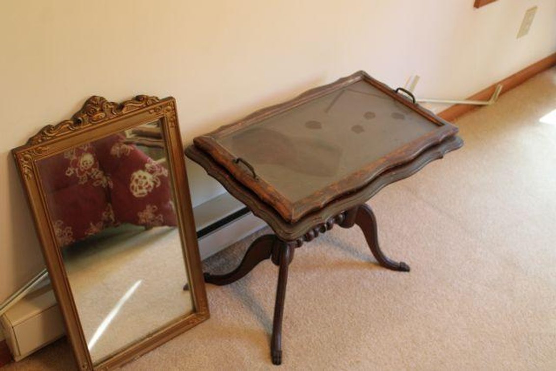 VINTAGE NIGHT STAND, SERVING TRAY, AND MIRROR