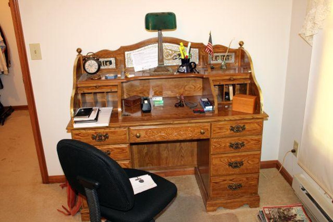 VINTAGE SECRETARY DESK, CHAIR, CONTENTS, BOOKS