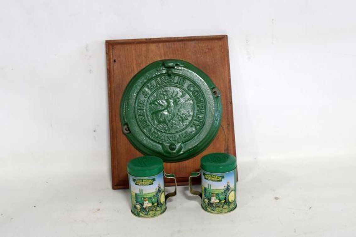 CAST IRON DEERE PLANTER SEED COVER AND SALT AND PEPPER SHAKERS